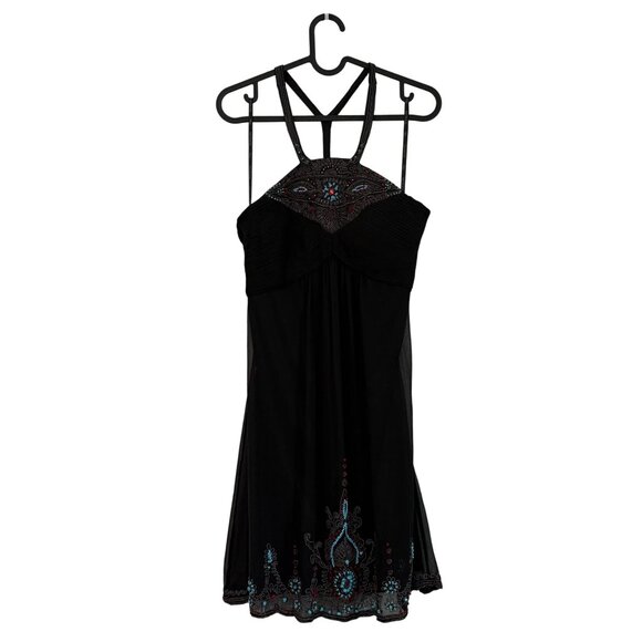 VTG Sue Wong Nocturne Y2K Black Silk Beaded Turquoise Halter Dress Womens 4 - Picture 1 of 8
